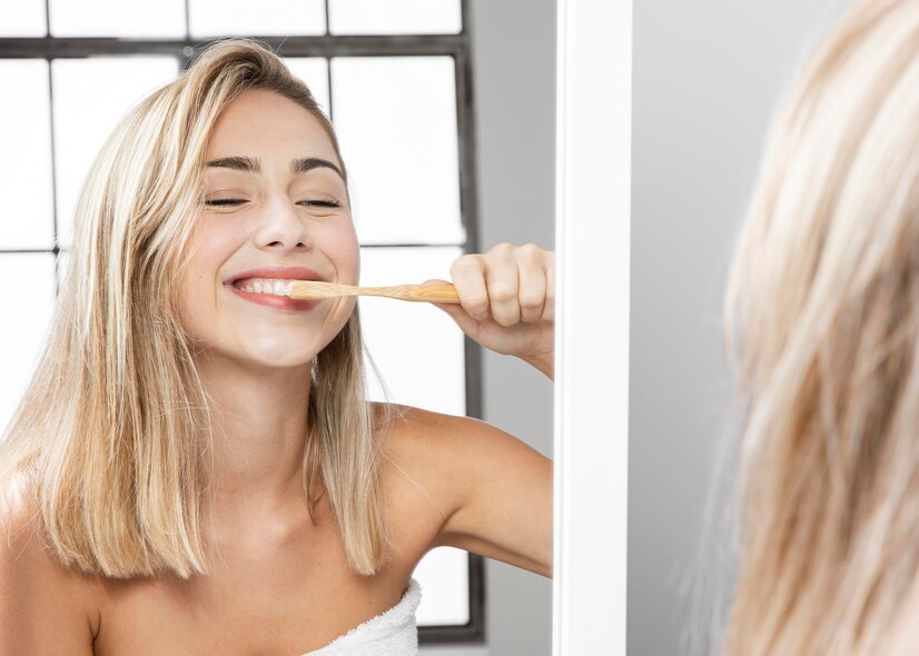 Pacient care își curăță retainerul fix cu periuță după aparat dentar