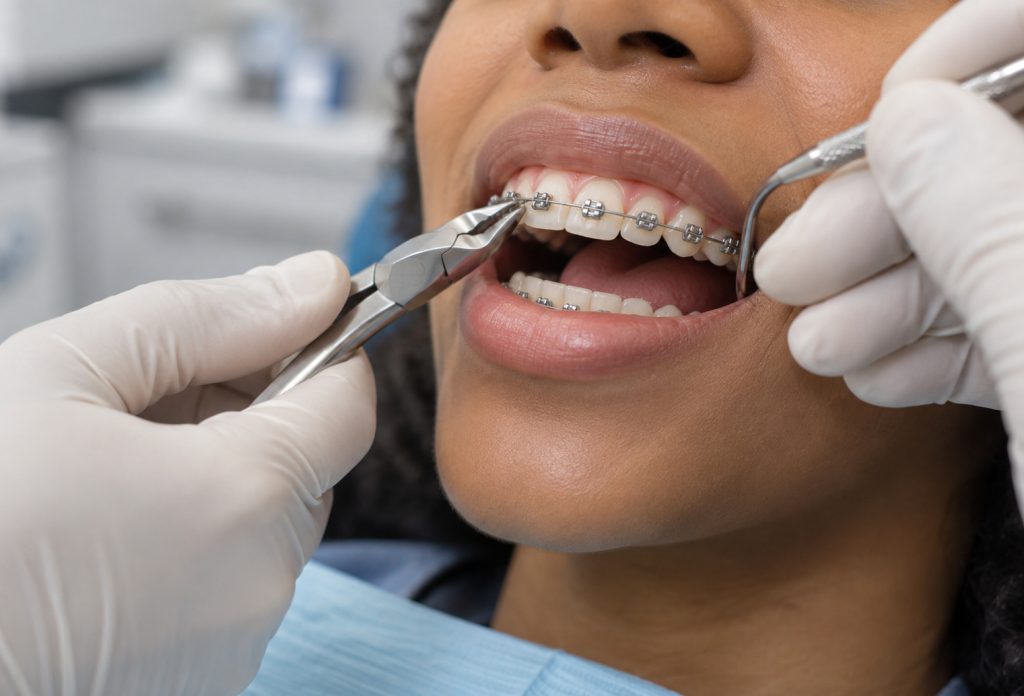 Medic ortodont ajustând arcul aparatului dentar